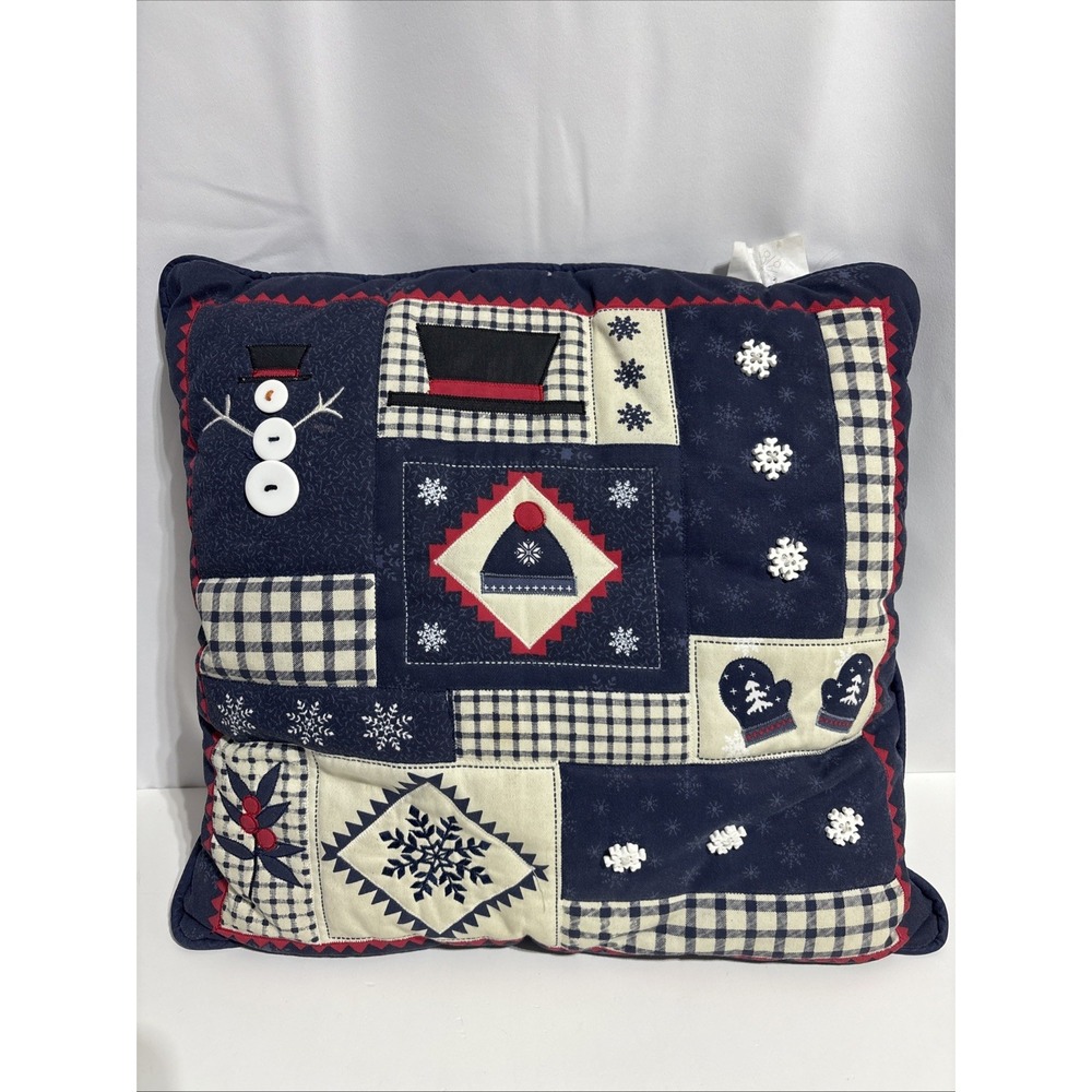 Christmas Throw Pillow‎ Blue Appliqué Buttons Snow Flake Buttons Winter Holiday